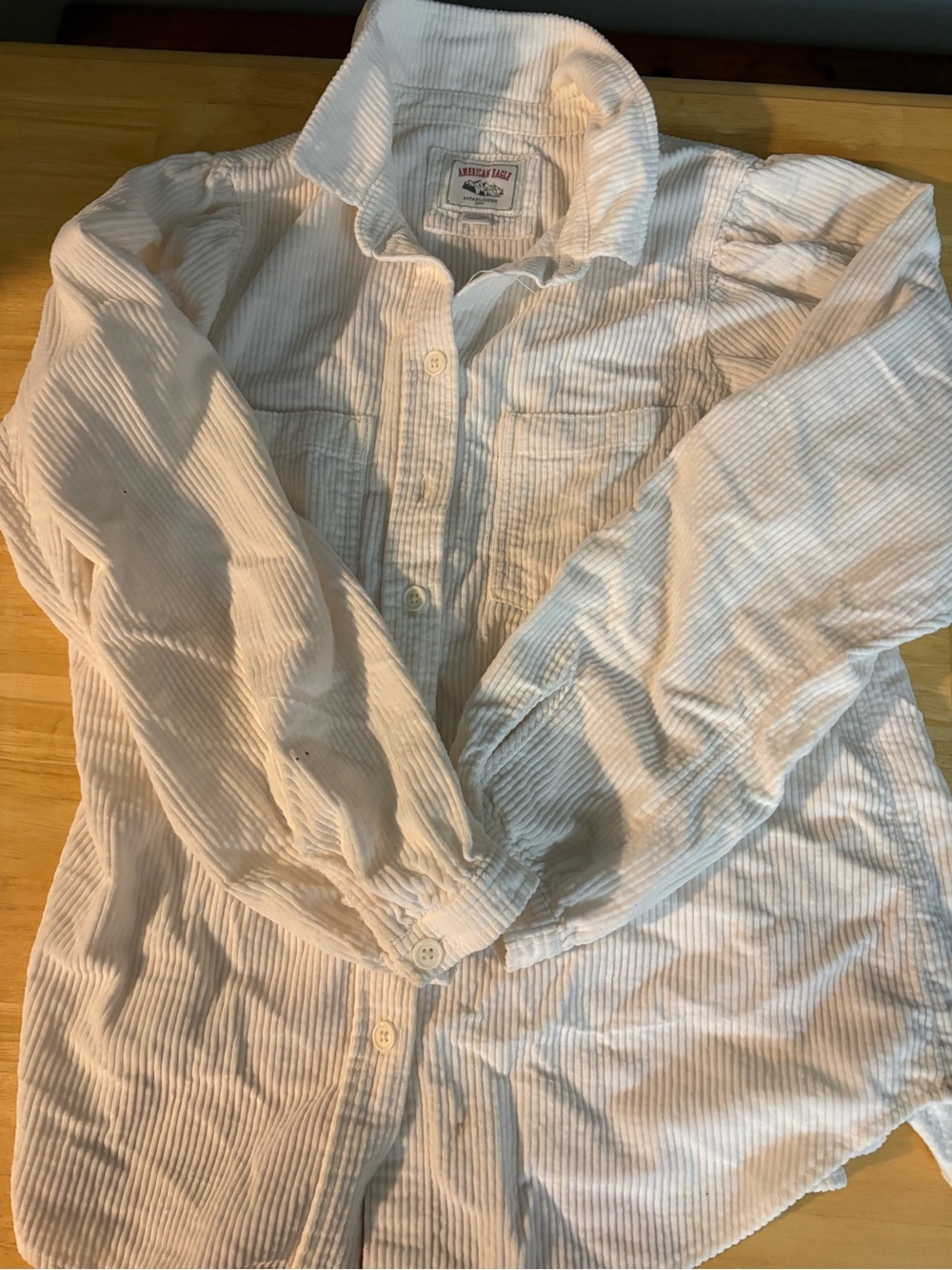 American Eagle Outfitters White Thin-Striped Corduroy Button-Down Shirt